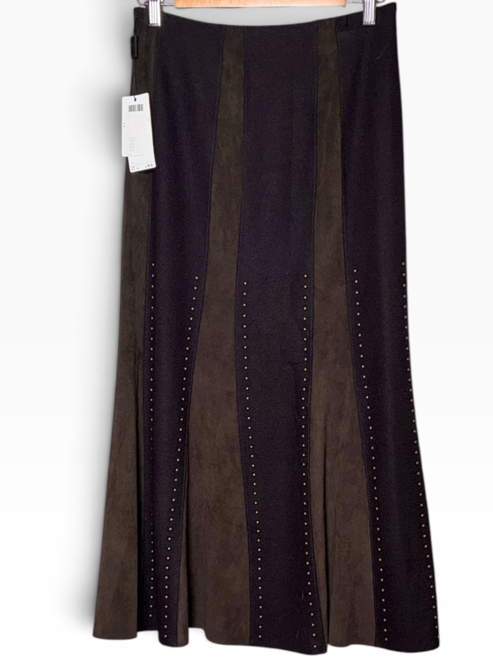 Marc Cain Faux Suede Lined Studded panel Long a-line skirt US Size 4 (see chart)